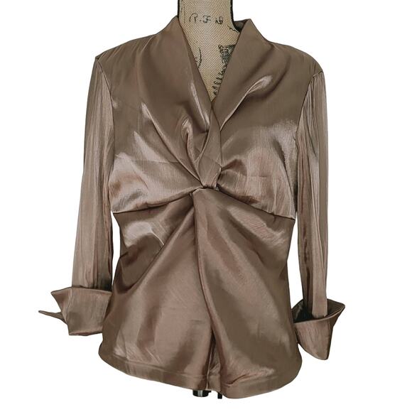 Cachet Vintage Mocha Shimmer Twisted Empire Waist 3/4 Cuff Sleeve Top Size 14 - Picture 2 of 10
